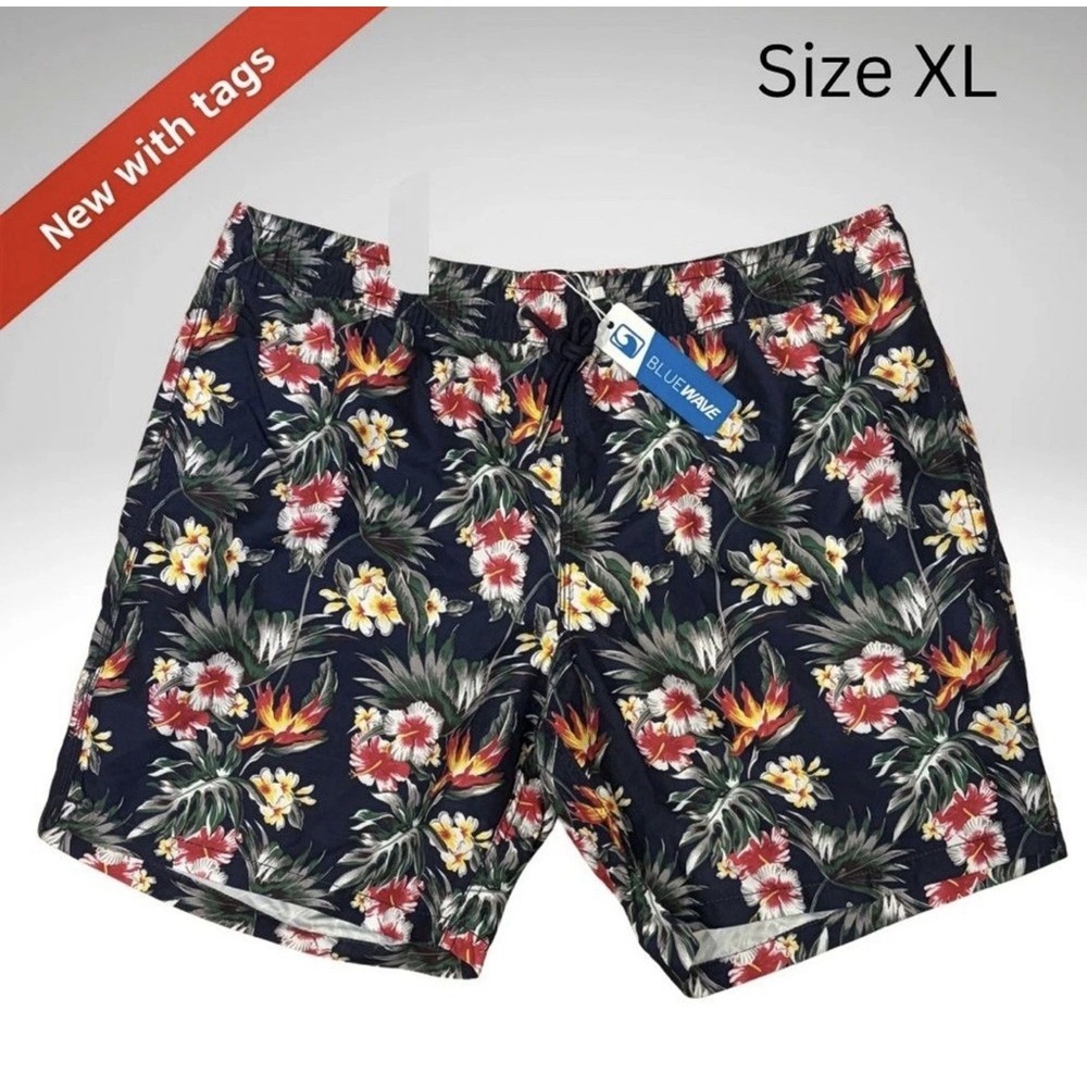 Blue Wave Men's Blue Tropical Floral Swim Trunks Size XL Mesh Brief Lined NWT
